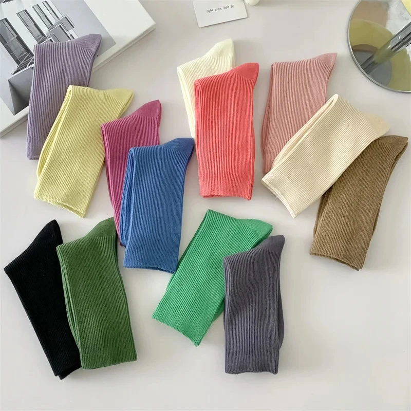 Women Solid Color Candy Socks Breathable Plain Basic Simple Girls Crew Loose Casual Sock Elastic Soft Comfortable Ankle Sox image 6