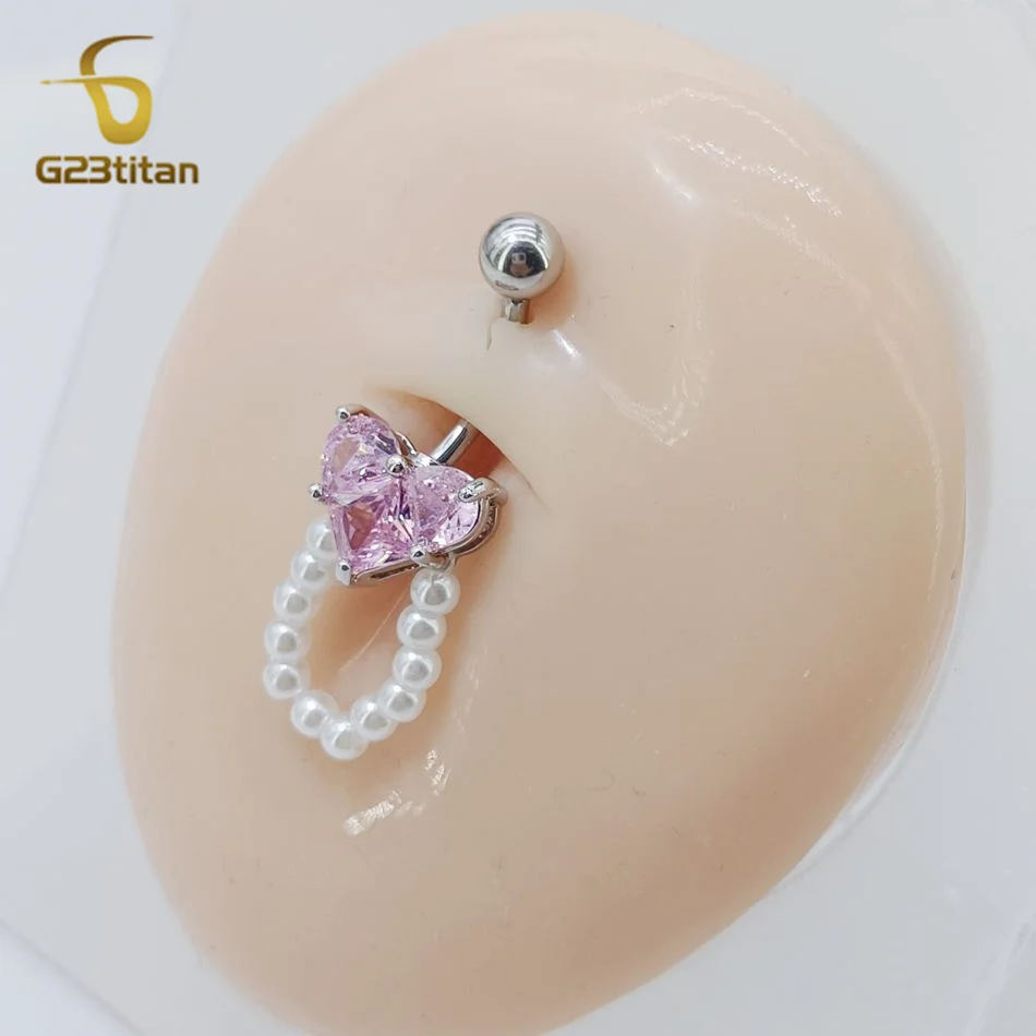 G23Titan Pink Zircon Heart Belly Ring Hanging Pearl Women Sexy Navel Jewelry Surgical Titanium Barbell Nombril Ombligo Piercing