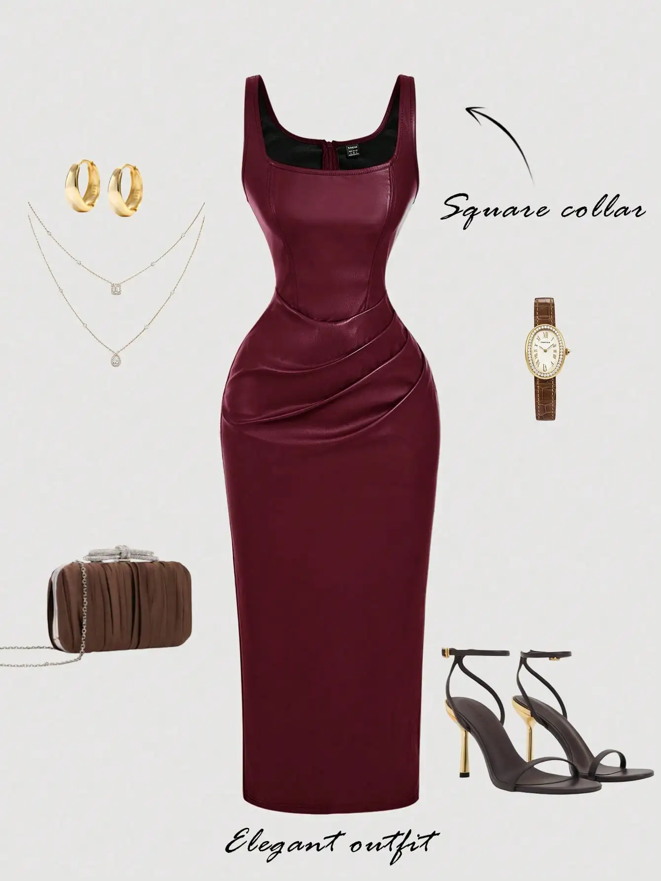 Abito midi aderente con scollo quadrato in pelle PU marrone per serate eleganti, cocktail e abiti da sposa