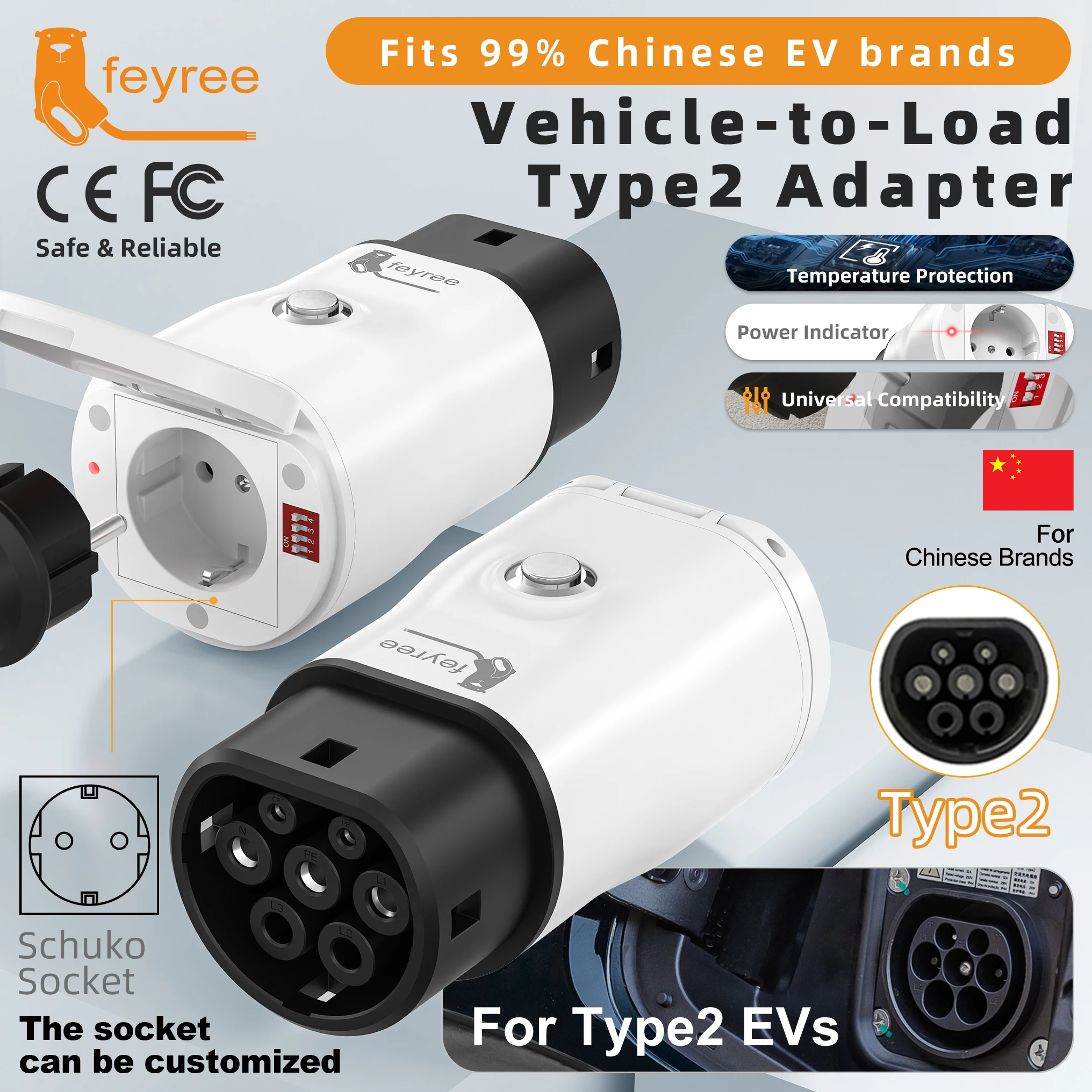Feyree Portable Type2 V2L Adapter with Power Adjust Switch for Chinese EV Car, Vehicle to Load Discharger for Camping Outdoor Us