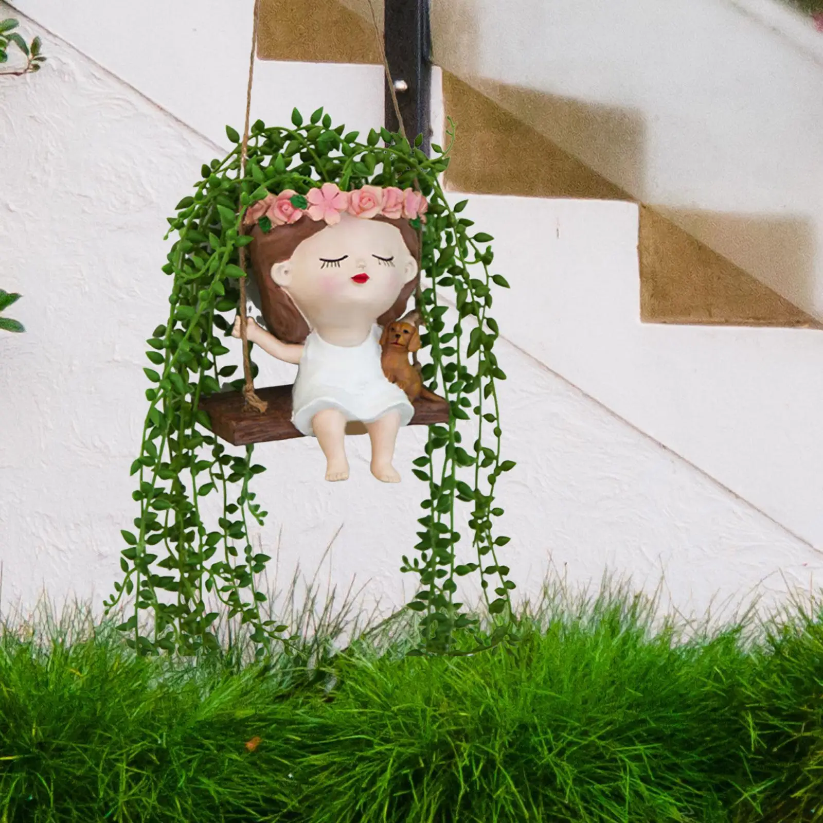 Swing Hanging Rope Girl Flowerpot, Bonsai Pot ,Gardening Pot, Lightweight Unique Swing Planter