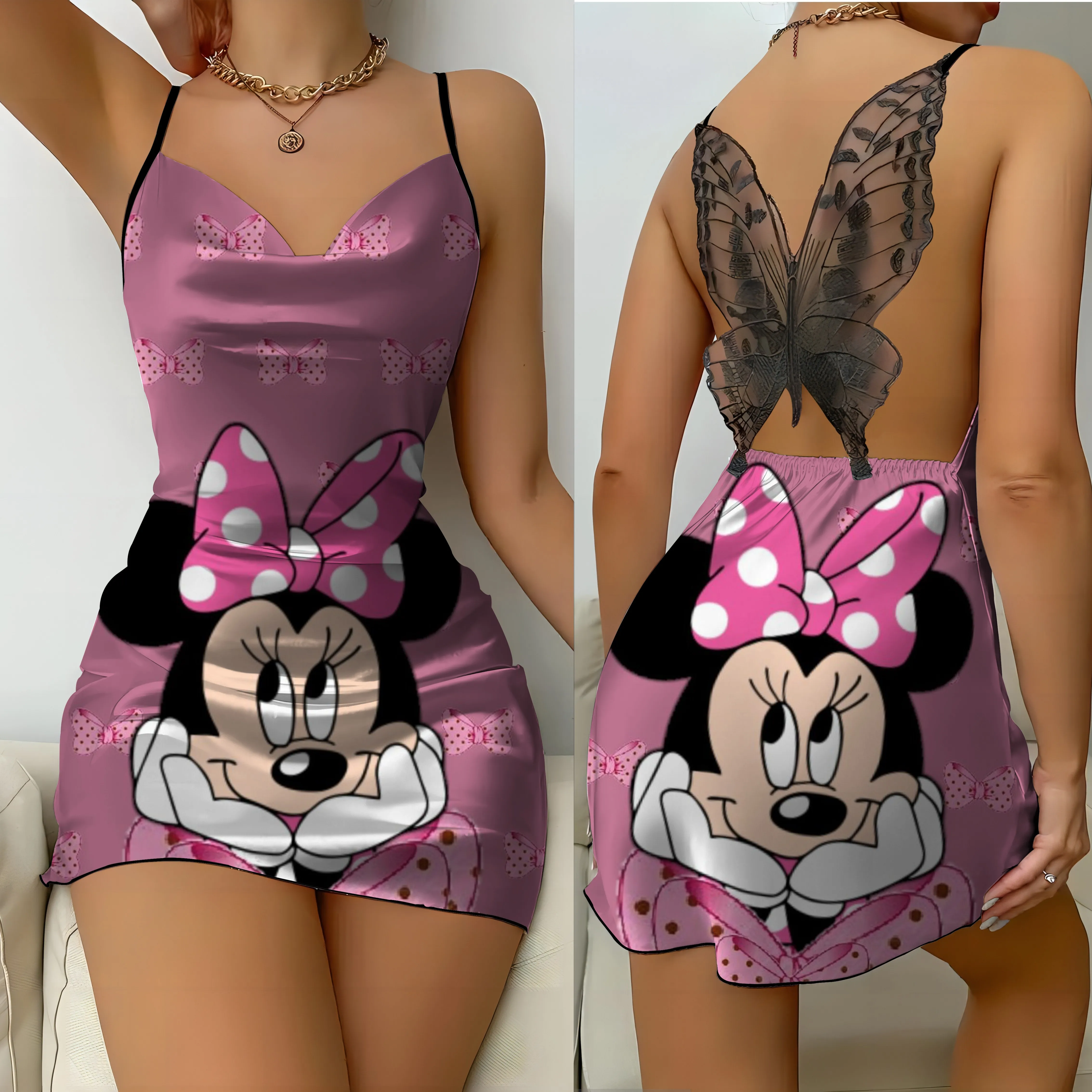 Lace Dress Mickey Fashion Summer Dresses 2024 Disney Bow Knot Minnie Mouse Satin Surface Womens Women's Elegant Mini Sexy Disney