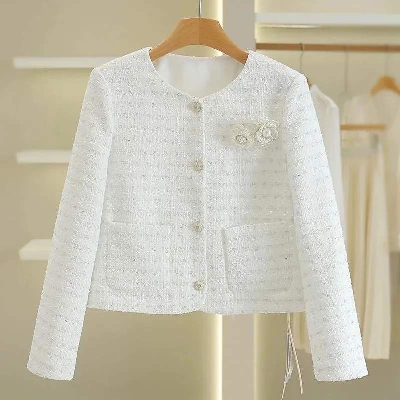 2026 Women's Jacket New Tweed Round Neck Single-breasted Cardigan Coat Young Slim Loose Fashion Style Small Fragrance Short Coat