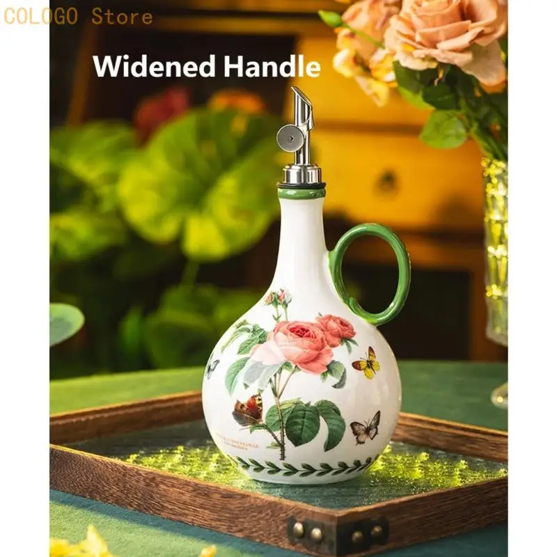 Printed Ceramic Oil Bottle with Side Grip for Everyday Cooking D0LD