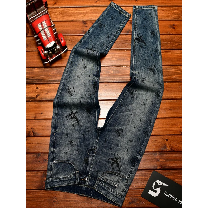 Five pointed printed casual jeans men with stretch and, trendy street retro and nostalgic small leg long pants