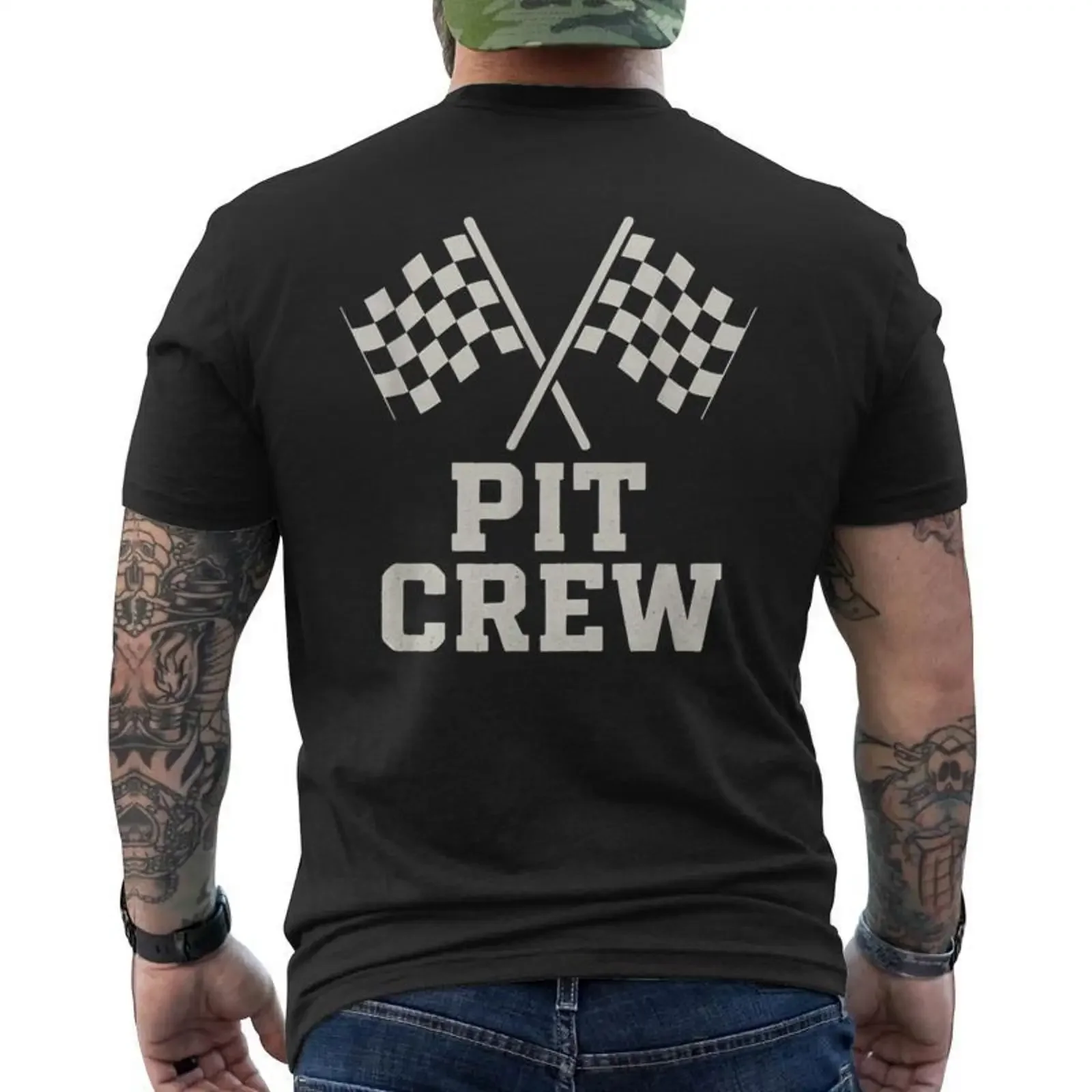 Pit Crew Drapeaux Damier Croisés Rétro Course Auto T shirt imprimé au dos Cadeauxyz vintage Washed Stylish Slightly homme