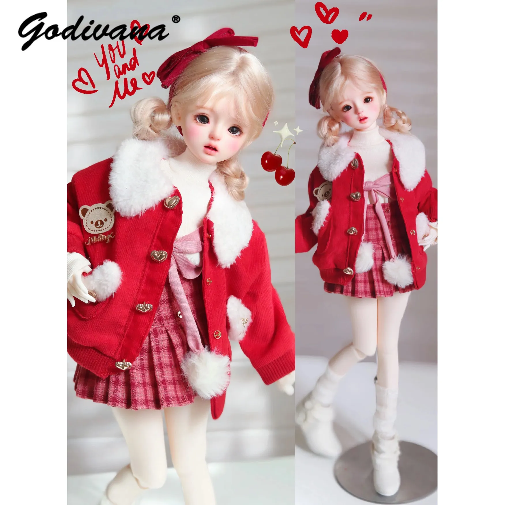 1/6 BJD Doll Winter Coat Faux Fur Collar Bear Embroidery Plush Pom‑pom Jacket Sweet Casual Doll Outerwear for 1/4 BJD Doll