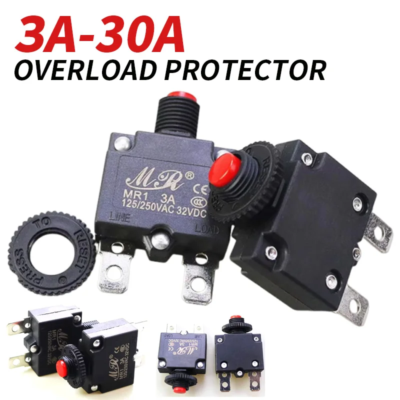 12A 15A Overload Protector Switch with Waterproof Cap 10A 18A 20A 25A 30A 3A 4A 5A 8A Resettable Fuse Circuit Breaker 220V 5Pcs