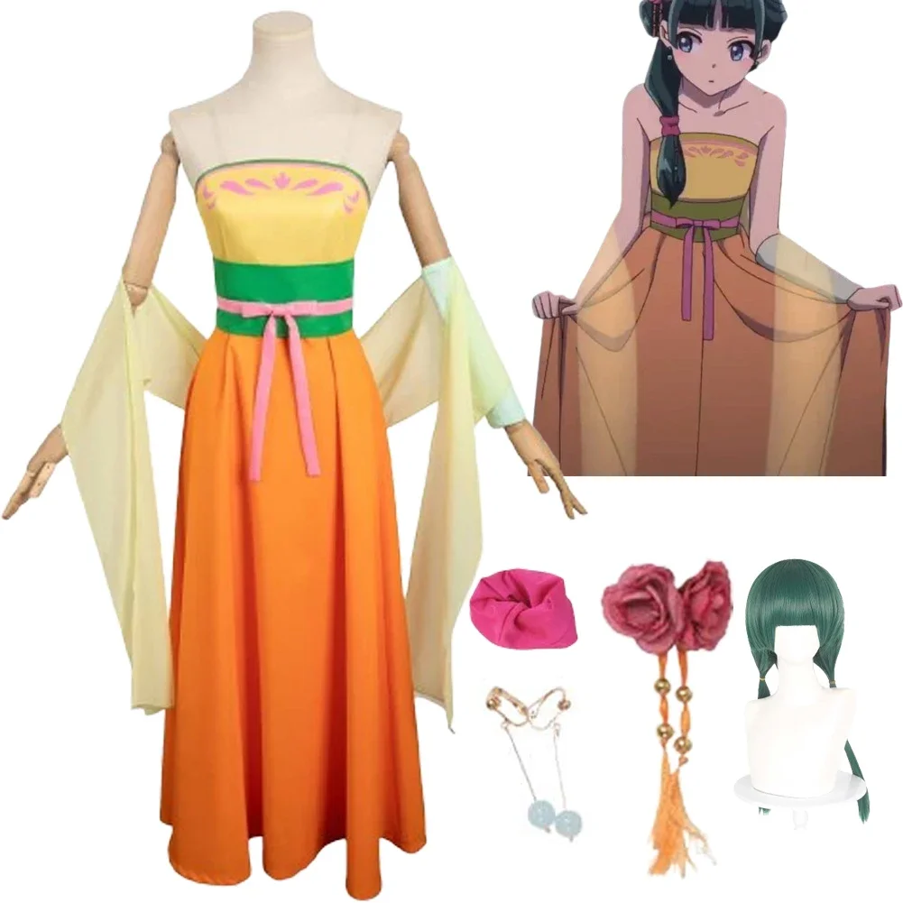 

2025 Maomao Women Orange Dress Cosplay Costume Anime Apothecary Diaries Fantasia Earrings Roleplay Halloween Carnival Party Suit