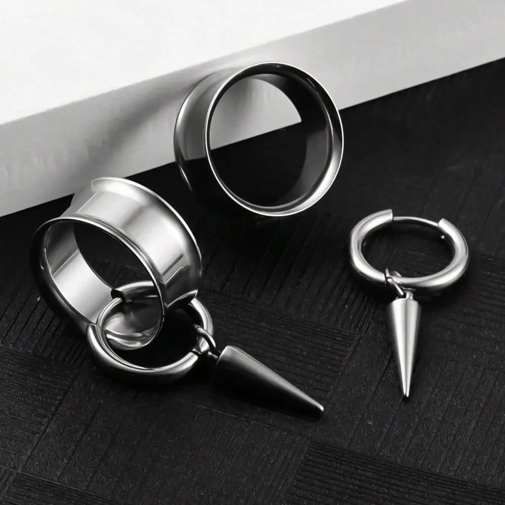 0g-1" 316 Edelstahl Doppel-Trompetenform mit spitzem Kegel, verlängerter Ohrclip-Tunnel-Plug, Körperschmuck, 2 Stück – Detail 3