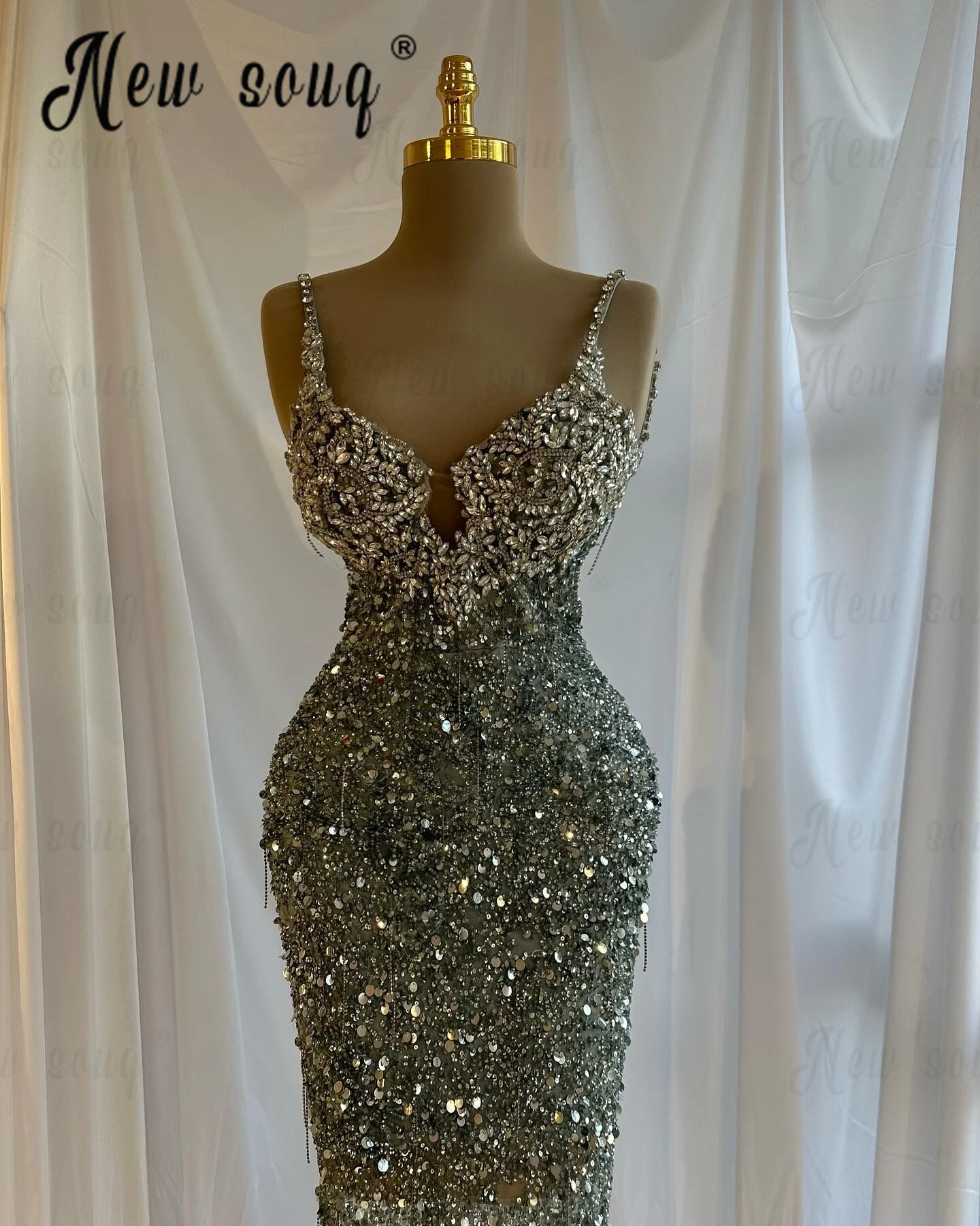 Sparkly Sequins Spaghetti Straps Party Dress With Heavy Silver Handmade 2024 Fashion Cocktail Dresses Customize Pageant Gowns