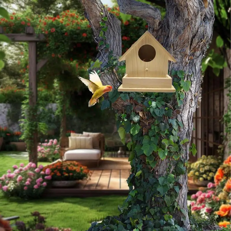 Hangable Bird House Wooden Bird Feeder House With Pole Pet Cottage For Hummingbirds Cardinal Wild Birds Outdoor Decoration For