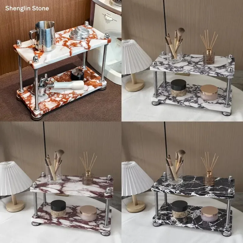 Luxury natural marble two-layer storage rack Modern cosmetic storage rack Suitable for dresser home decoration