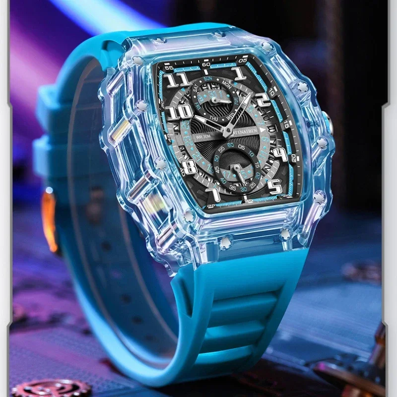 Unique Blue Fashion Brand Men's Watches Silicone Strap Waterproof Out Door Sport Military Watches for Men Multi Function Luxury