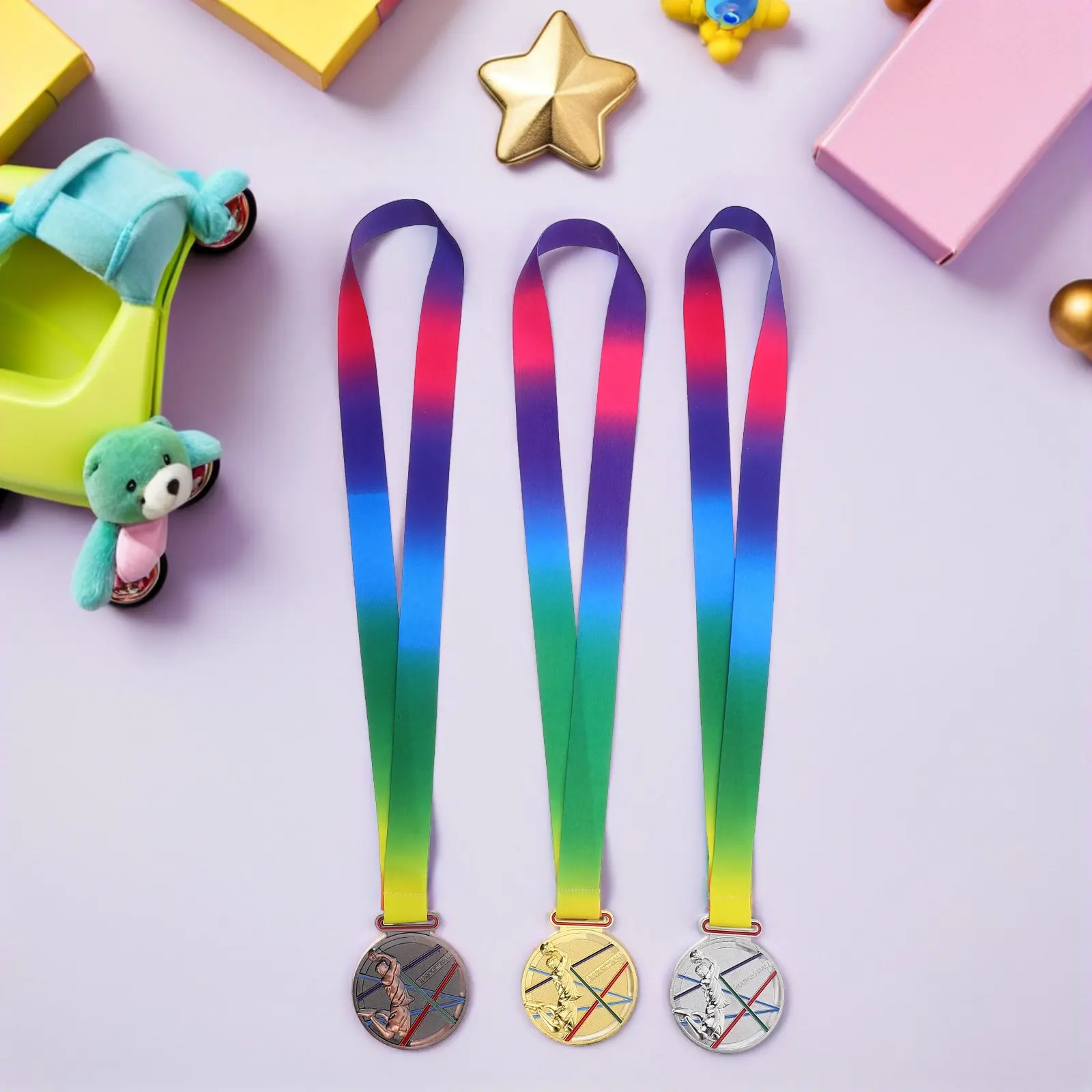 3Pcs Basketball Medals Gold Silver Bronze Alloy Winner Medals Neck Ribbon Sports Day Competition Award Prize Sports Trophy
