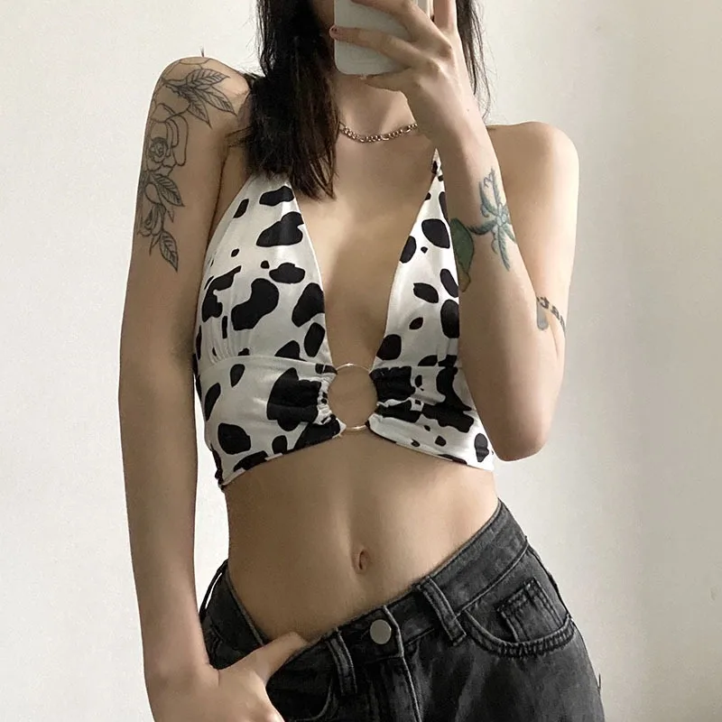 Emo Alternative Y2k Cow Print Camisole Women Streetwear Cyber Y2k Punk Backless Halter Crop Tank Tops Gothic Dark Sexy Outfits