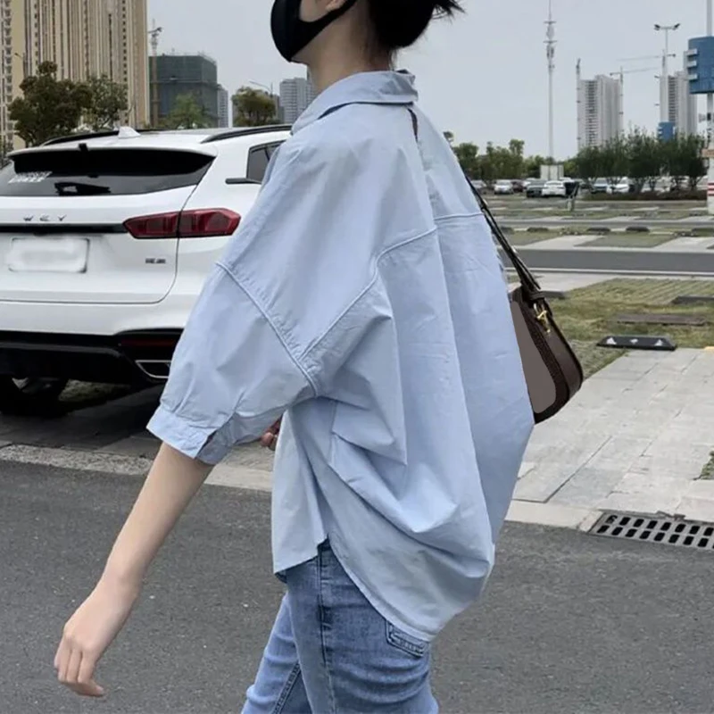 Spring Summer Blue Loose Office Blouse Women Turn Down Collar Short Sleeve Shirts Woman Solid Color Single Breasted Casual Shirt