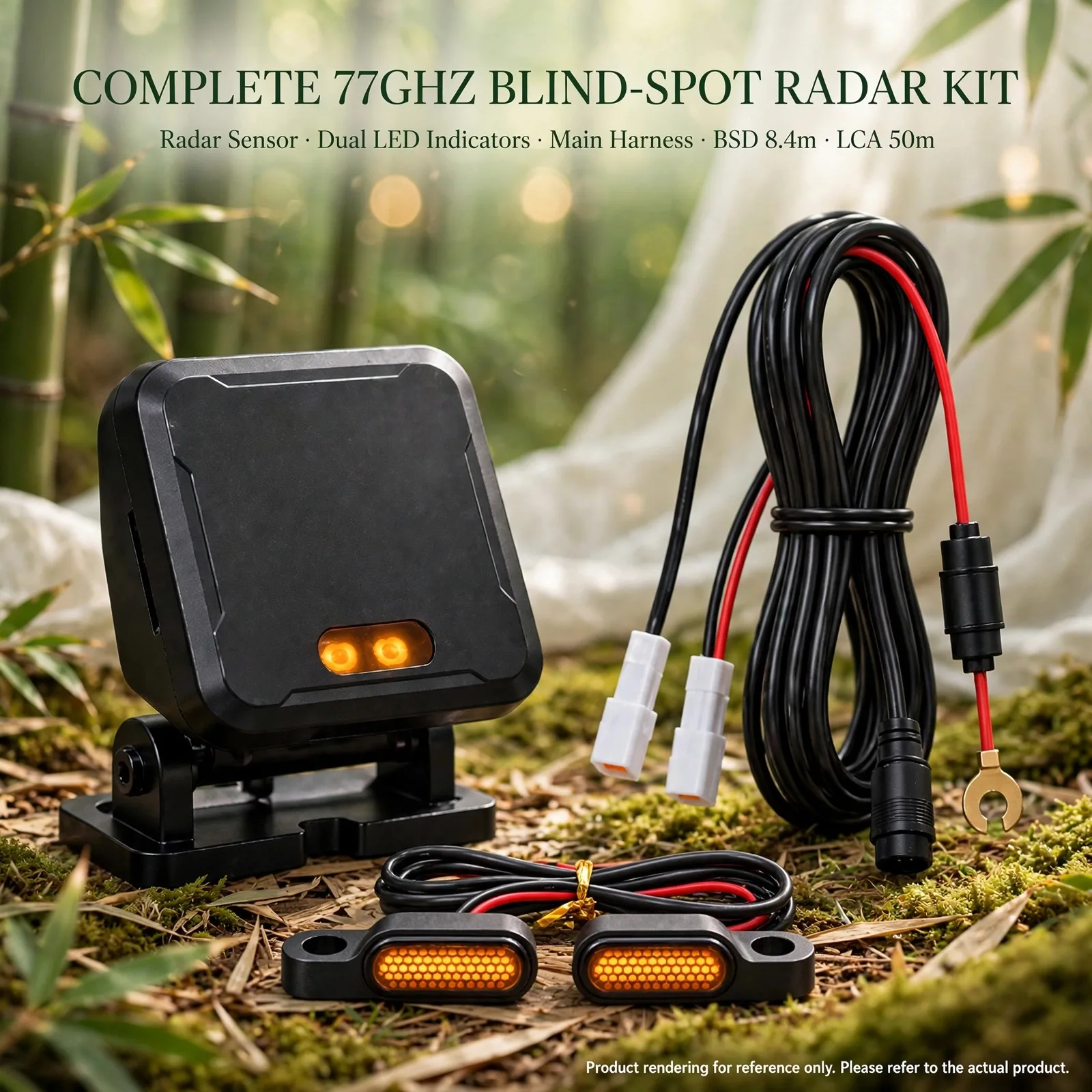 Bamboo Sea 77GHz Blind-Spot Radar Kit for Motorcycle – Dual LED Indicators, 8.4m BSD & 50m LCA Zones, 4Tx4Rx, 20Hz Refresh