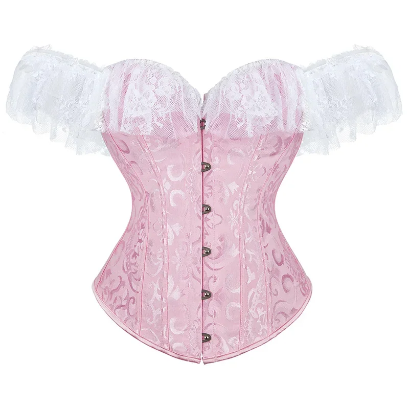 

Green Corset Bustiers Top Women Jacquard Lace Up Trim With Sleeves One Shoulder Overbust Plus Size Costumes Vintage Renaissance