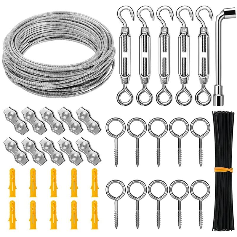 String Light Hanging Kit 1/8Inch Cable Wire 98Ft Coated Wire Rope With Turnbuckles And Hooks For Deck Railing System