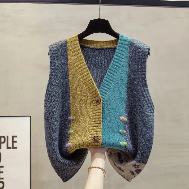 Color Blocked V-neck Knitted Cardigan Vest Women's Autumn Winter New Style Loose and Simple Outerwear Vest