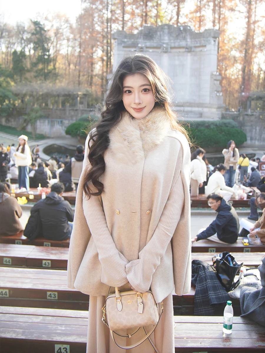 

Двустороннее пальто-кимоно женское зимнее модное с меховым воротником и капюшоном, роскошное, прямого кроя