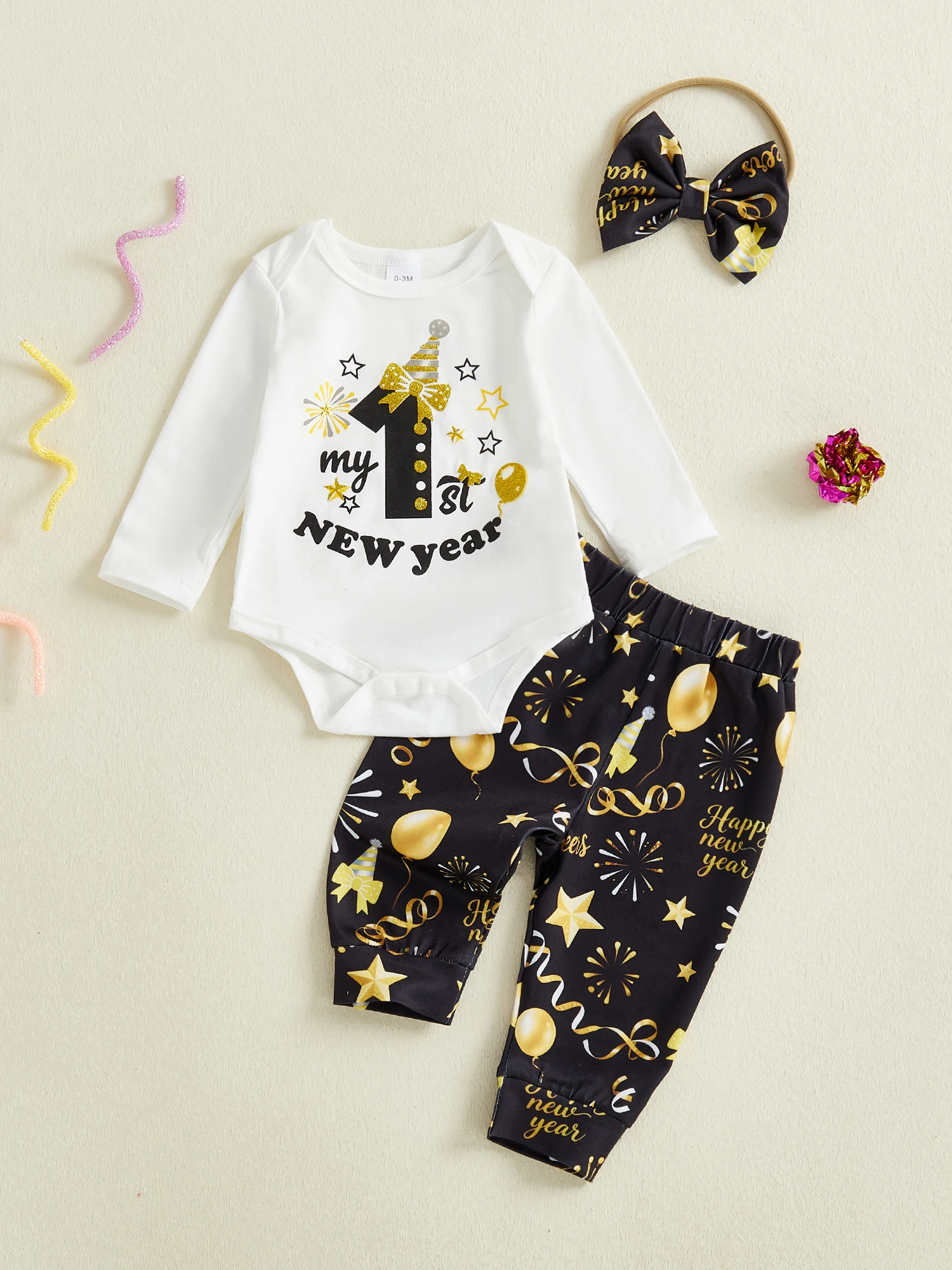 

Newborn Baby Girl 3-Piece Outfit Set with Printed Crew Neck Long Sleeve Romper Pants and Bow Headband for New Year s