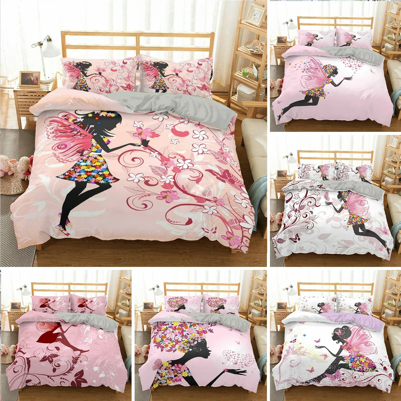 

Romantic Style Duvet Cover Fairy Girl with Wings Pattern Bedding Set Women Couple Flying Butterflies Polyester Comforter Cover