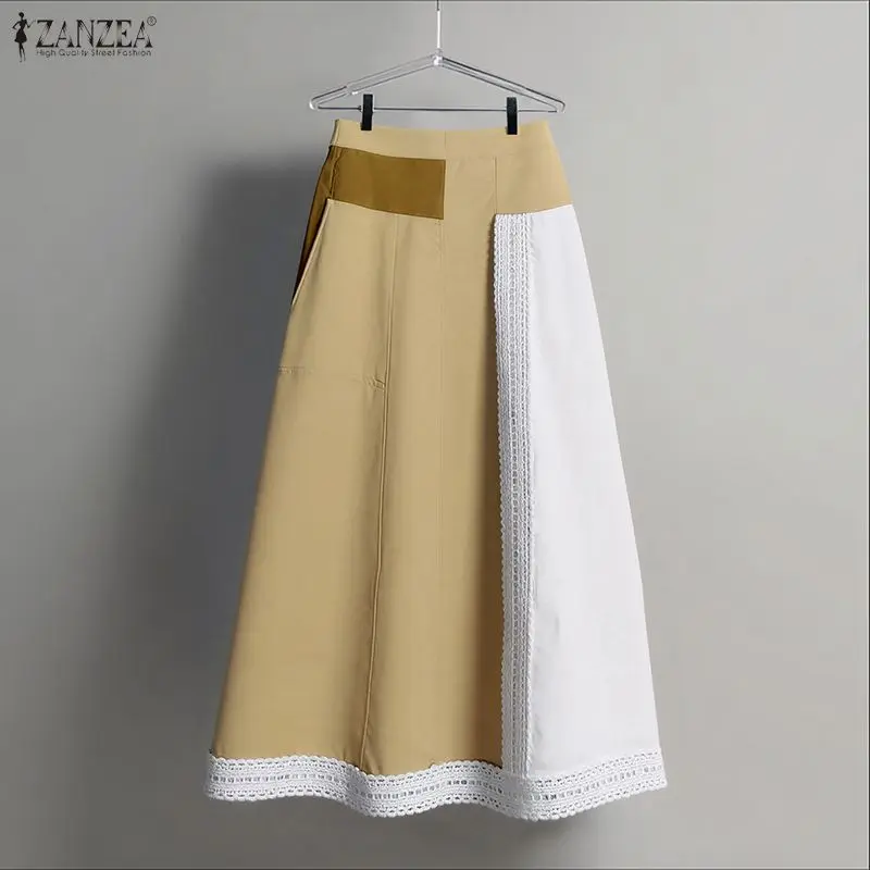 

ZANZEA 2026, модные длинные юбки, женские лоскутные кружевные юбки с высокой талией, повседневная элегантная уличная одежда для вечеринок Jupes Faldas Saia