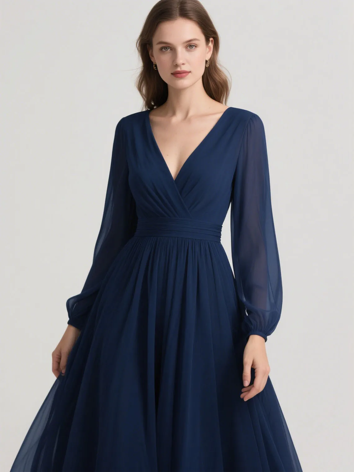 فساتين سهرة مثيرة على شكل حرف a على شكل حرف V بطول الأرض شيفون كلاسيكي بأكمام طويلة بدون ظهر لحفلات الزفاف 2025 مخصصة مجانية