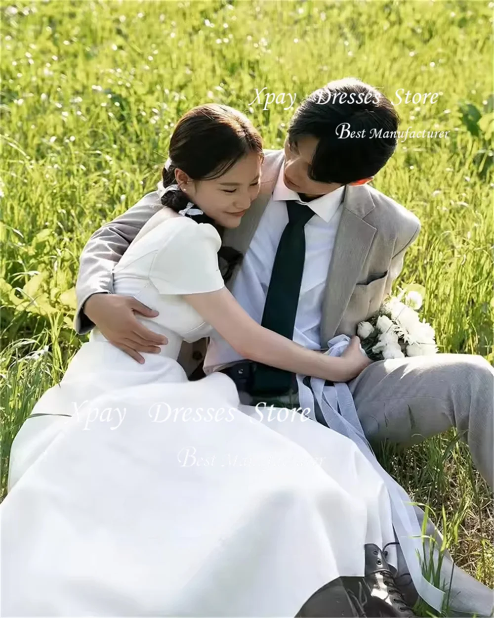 XPAY Quadratischer Kragen, schlichtes Elfenbein, kurze Ärmel, Brautkleider, Korea, Fotoshooting, Satin, bodenlanges Brautkleid, formell, individuell gestaltet