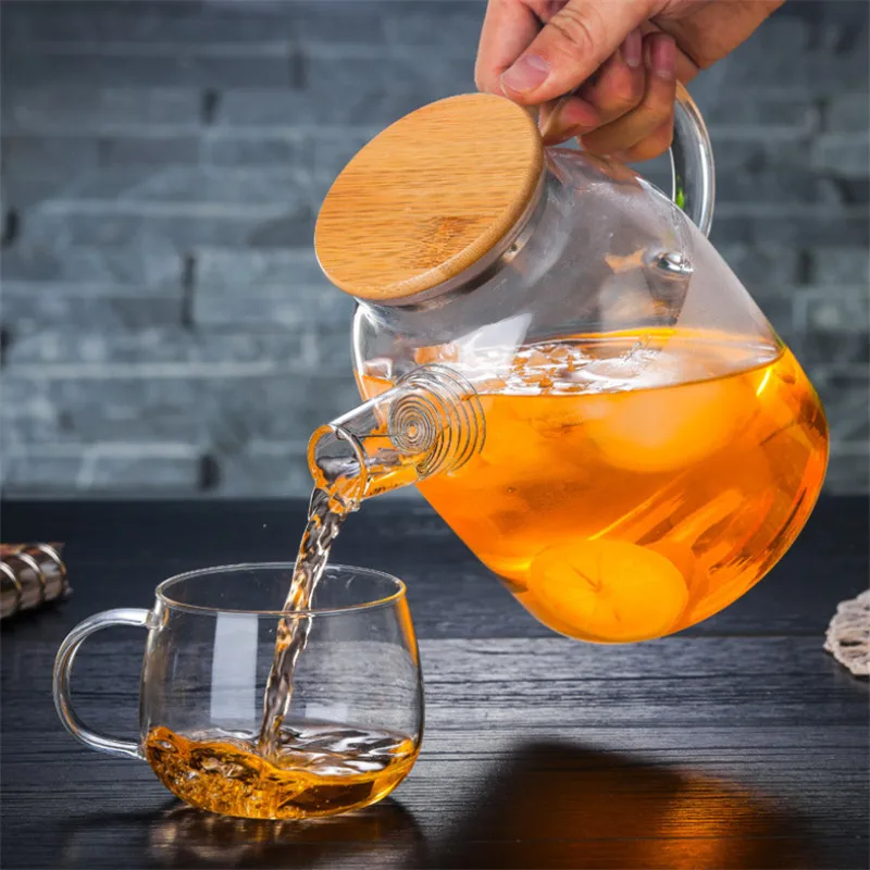 

1L/1.8L Transparent Glass Teapot with Bamboo Lid Heat-Resistant Large Capacity Tea Pot Flower Water Bottle Office Kung