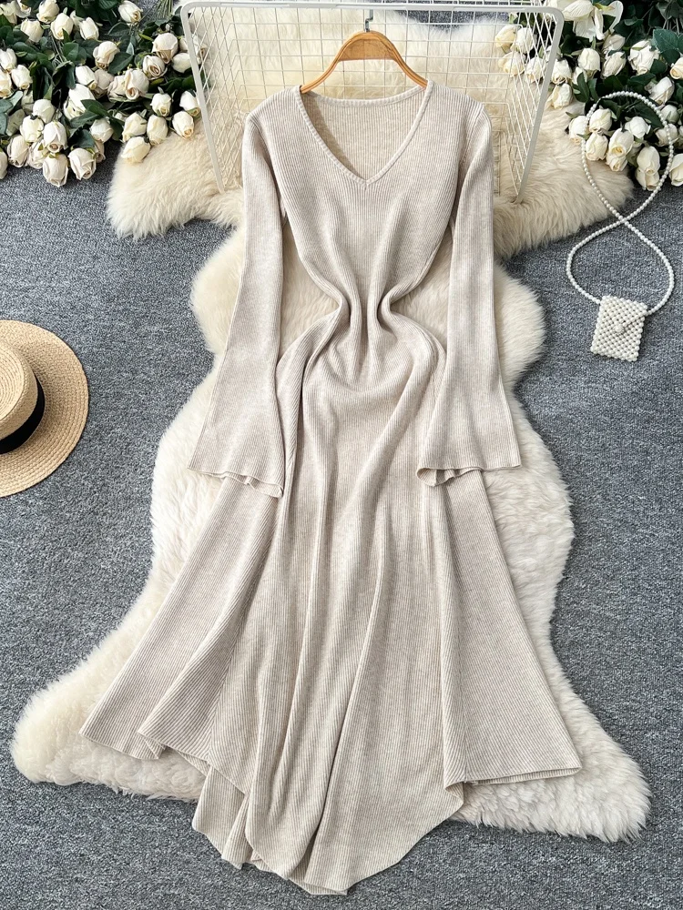 Franse Sle Hoge Taille Gebreide Dr Dames Herfst Winter Innerlijke Slijtage Asymmetrische Bell Sve V Ne Dr Ci Pendelen