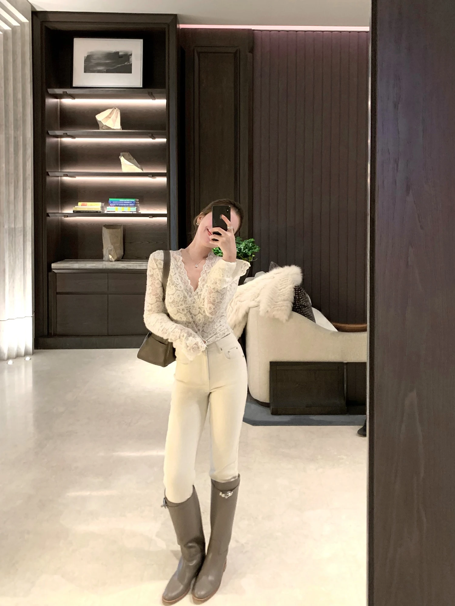 

Slim Fit Women's Jeans French Sle l Waist Cotton Pure Color Button Closure Winter Collection Versatile Casual Long Pants