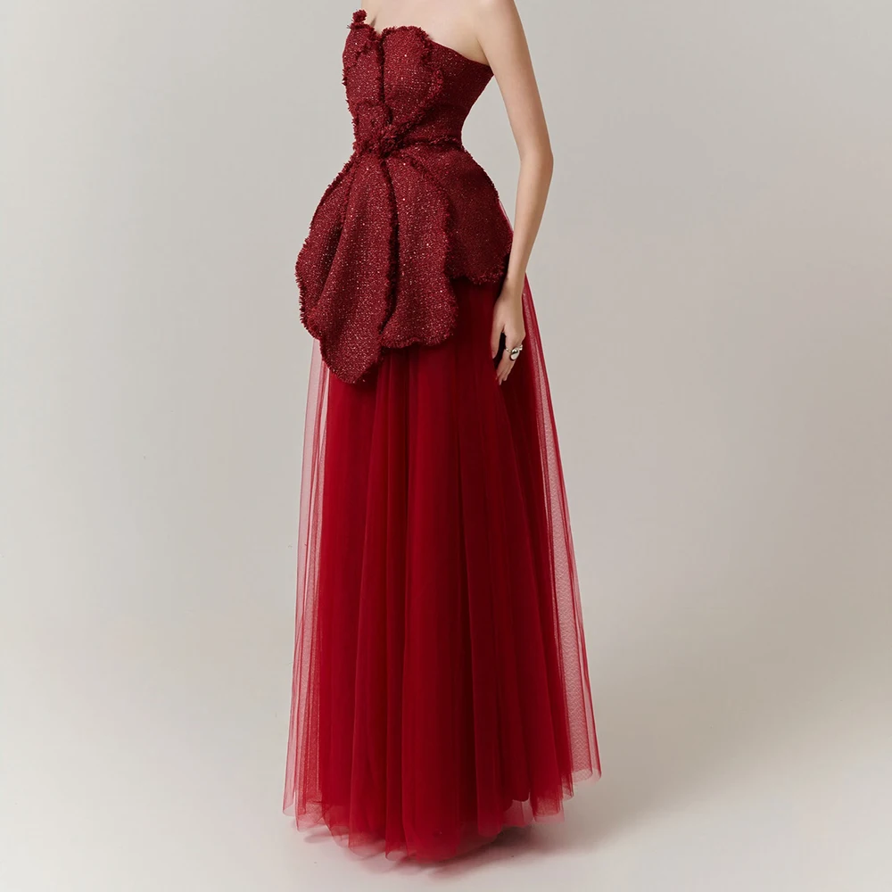 

Women's A-line Evening Dresses Ankle-length Strapless Sleeveless Prom Gown Fashion Sequined Flowers Backless Customized Gowns