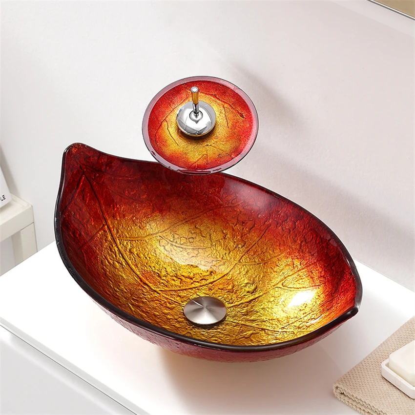 

Small Bathroom Counter Basin Tempered Glass Wash Basin Modern Simplicity Leaf-shaped Art Washbasin Balcony Above Counter Basin