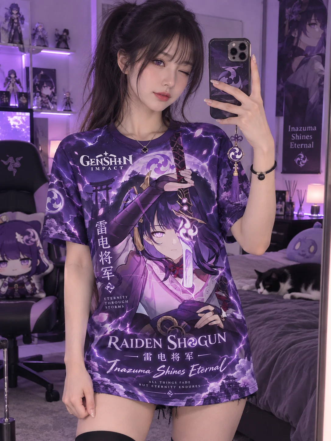 Genshin Impact Raiden Shogun 3D Print Game T-shirt  Anime Character Unisex Tops Men's Women's T-shirt Couple T-shirt Y2k Cheap
