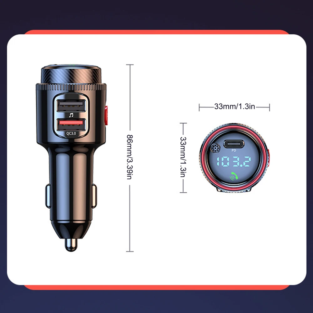 Автомобильный Bluetooth-адаптер, беспроводной FM-передатчик, USB C & QC3.0, двойная быстрая зарядка, прикуриватель, радио-музыка, поддержка громкой связи