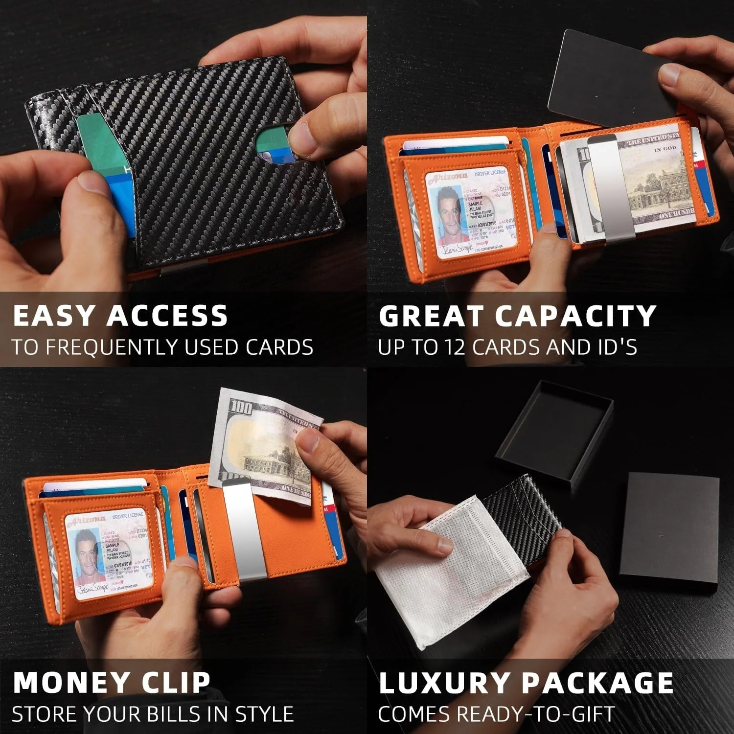 Ultra-thin US dollar clip double-fold carbon fiber cowhide wallet RFID anti-magnetic money clip men's short wallet