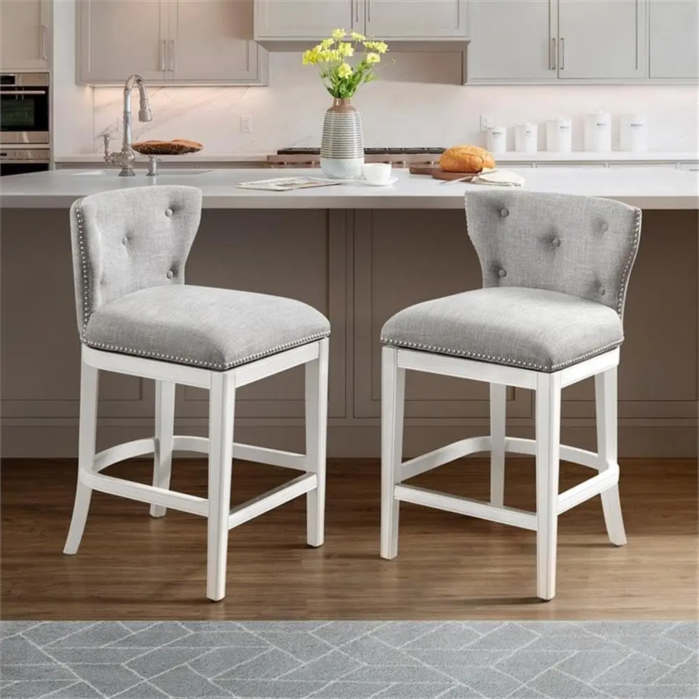 Miranda Swivel Counter Height Bar Stools, Set Of 2, White - Upholstered Linen-Like Fabric, Tufted Back Design With Silver Satin