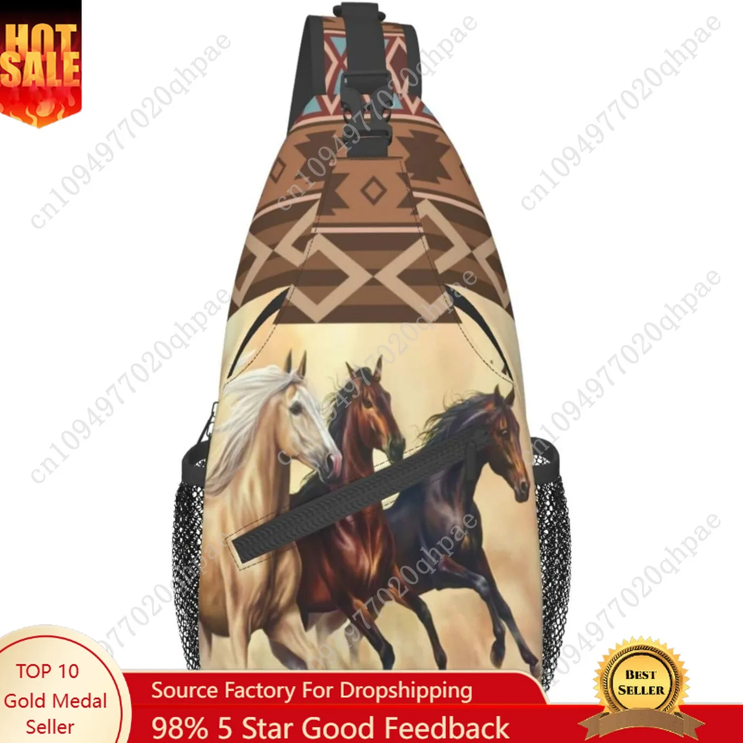 

Сумка-слинг с рисунком лошади, рюкзак через плечо, ацтекский бохо, этнический стиль, нагрудная сумка в западном стиле с лошадью, три лошади, бега в пустыне, песчаная буря