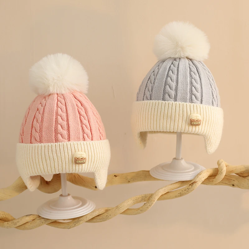 2024 Baby Warm Knitted Hats Winter Boys Girls Newborn Soft Lining Cute Earflap Beanie Hat Infant Toddler Outdoor Pompom Cap