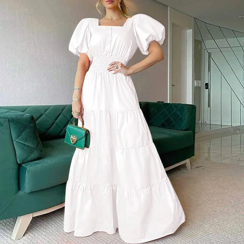 2024 Summer Ladies Dress Summer Sunskirt Square Neck Bubble Sleeve Long Dress Casual Beach Dress