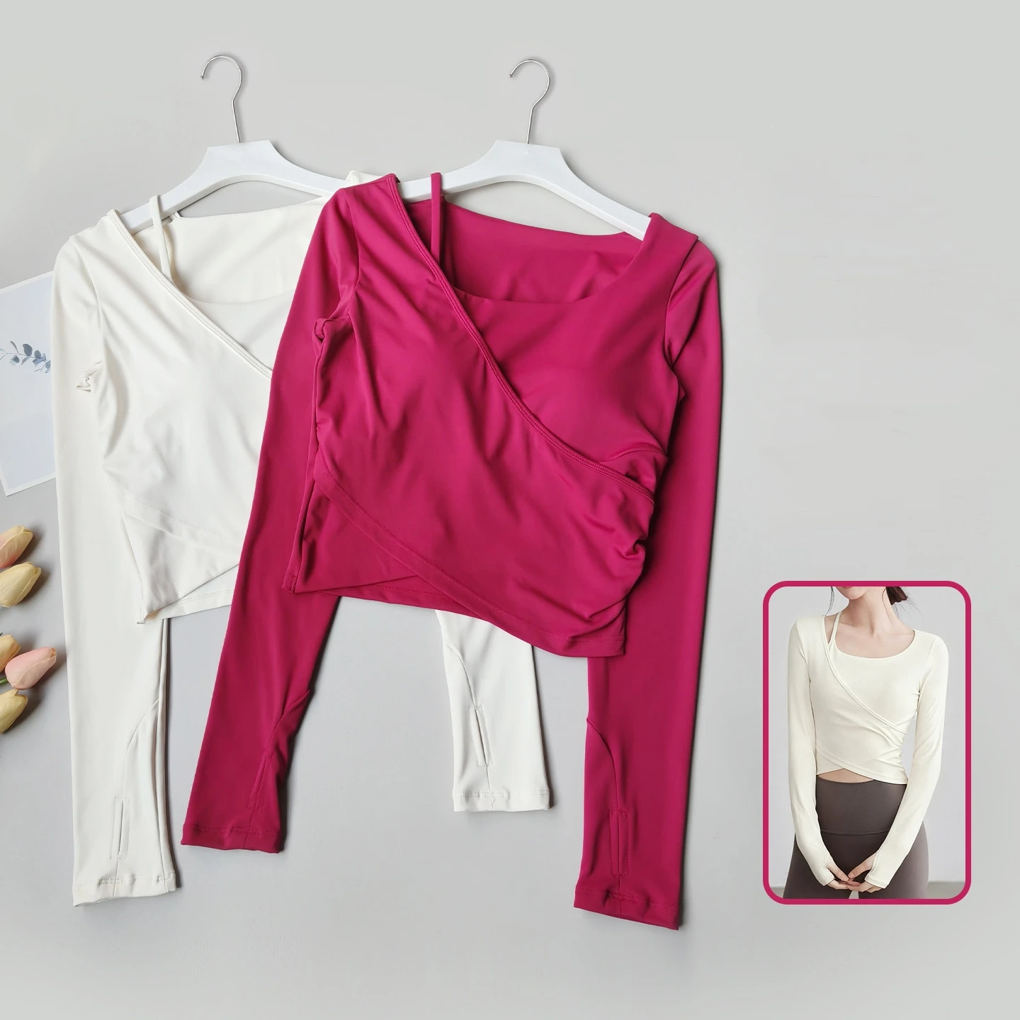 Damen-Yoga-Kleidung mit Brustpolstern, Zweiteiliges Design, Figurformende Oberteile, Trainings-, Pilates- und Fitnesskleidung, Langärmelige Laufkleidung – Detail 2