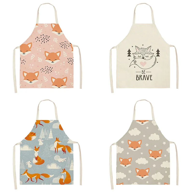 Cute cartoon fox print Kitchen women's apron Animal Home Cooking Tail bib   Chef's  Cleaning tools