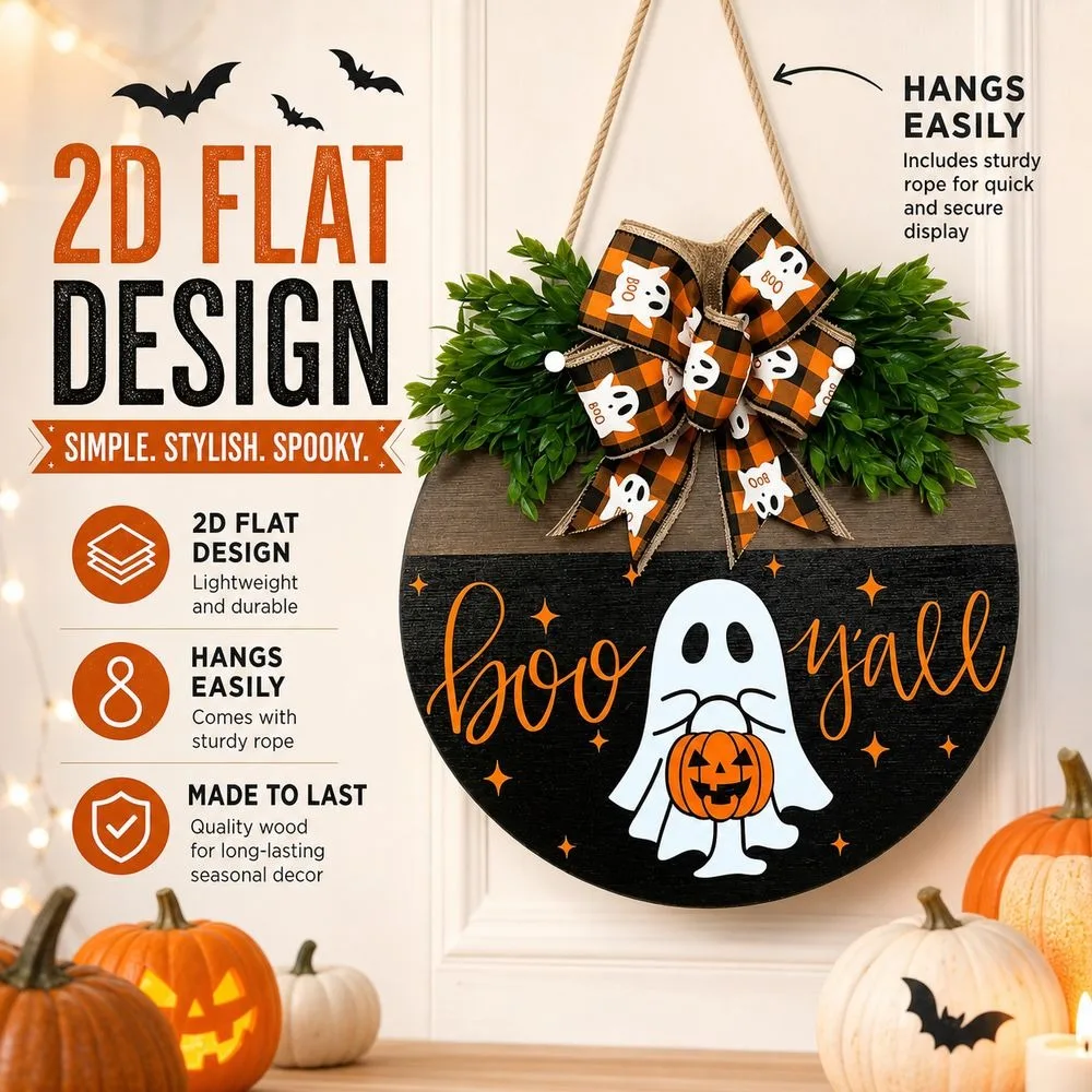 Ghost Wooden Hanging Door Sign Round Hanging Welcome Door Hanger Welcome Theme Solid Wood Door Sign Wreath