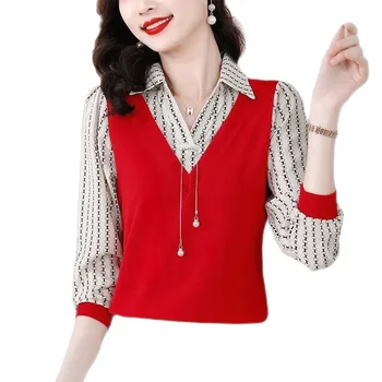 여성용 폴로 칼라 패널 대비 랜턴 수면 페이크 투피스 슬림 패션, 캐주얼 오피스 레이디 상의, 2023 용수철 가을 