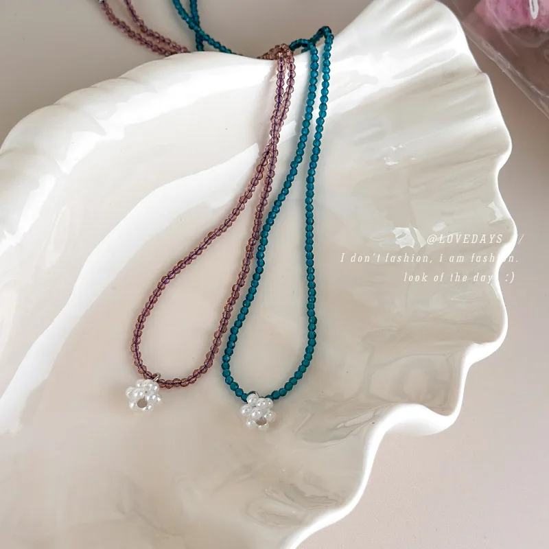 Necklace Handwoven Flower Crystal Seed Beads Fine Chain Delicate Layering Lightweight Elegant Vacation Resort Women