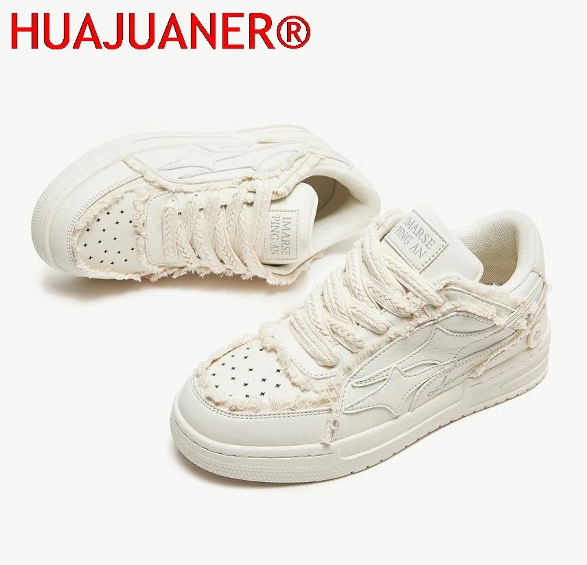 HUAJUANER Women Shoes For Men Tennis Retro Fashion Star Shoes White Leather Male Sneakers Couple Outdoor Sport Casual Shoes view 6