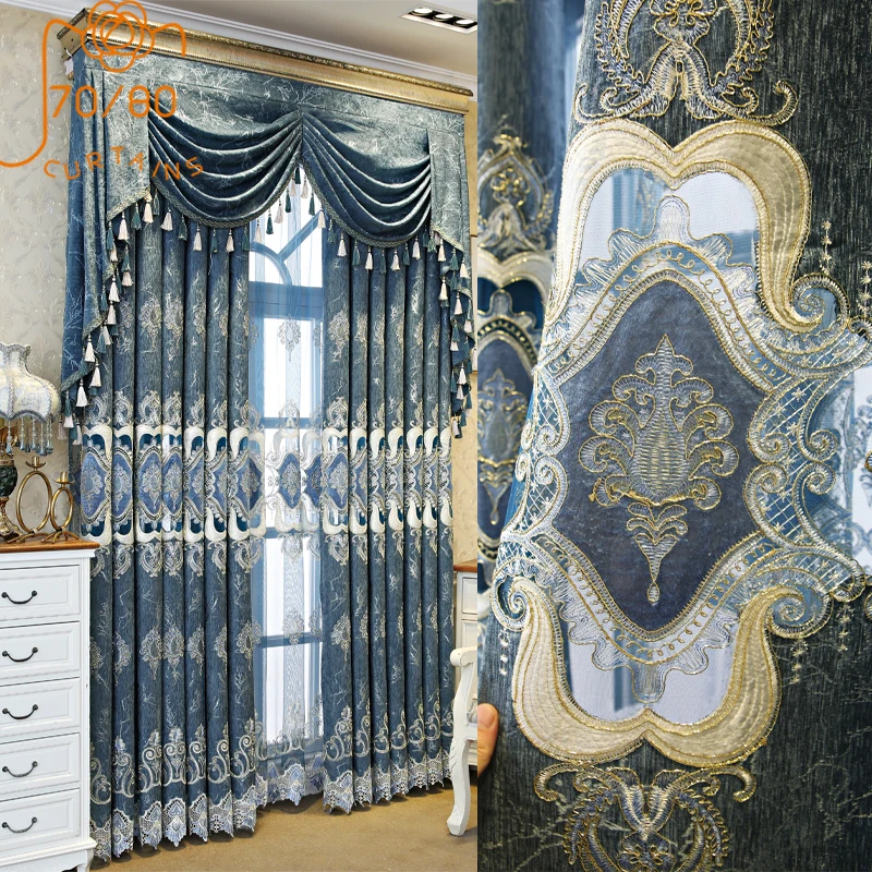 European Blue Water-soluble Embroidered Window Screen Thickened Jacquard Chenille Curtains for Living Room Bedroom French Window